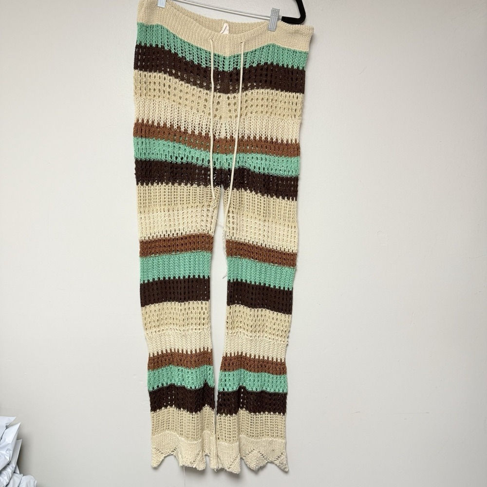 Earthbound Trading Co Crochet Striped‎ Lounge Pants XL Cream Brown Mint Boho